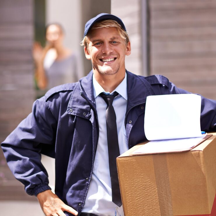 delivery man portrait with checklist box inventory logistics information supply chain happy courier person with clipboard survey shipping distribution ecommerce 590464 308484